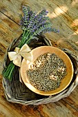Lavender (Lavandula sp), flower bouquet and dried flowers, medicinal plant, benefits
