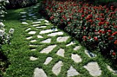 Paved pathway in lawn in Park of the Tete dOr Rosery, Lyon, France