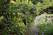 Garden path with flowers at Malleny Garden in Scotland