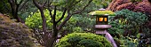 Lit lanterns in Portland Japanese Gardens, Oregon, USA.
