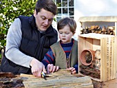 INSECT HOUSE BUILDING PROJECT WITH FATHER AND SON.  CUTTING BAMBOO INTO SMALL BUNDLES.  STEP 27