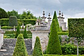 BUXUS SEMPERVIRENS AND TOPIARY IN FORMAL PARTERRE GARDEN AT CHATEAU DE BRECY