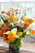NARCISSUS, TULIPA, RANUNCULUS IN SPRING BOUQUET IN VINTAGE COFFEE TIN
