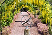 VIEW WITH ARMILLARY AT THE LABURNUM WALK AT THE GARDEN AT THE BANNUT,  BRINGSTY,  HEREFORDSHIRE,  MAY