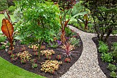 Sweeping gravel paths around borders make unusual pattern in June Early Summer in John Massey`s Garden Aswood (NGS) West Midlands