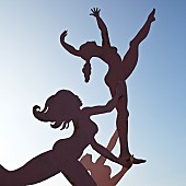 Matisse inspired contemporary steel sculpture capturing three girls in silhouette with sweeping athletic poses called Touching Stars