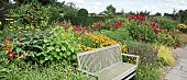 Garden Room called the Lanhydrock Garden with wooden garden bench borders of herbaceous perennials in hot colours of red, orange and yellow at Wollerton Old H (NGS) Market Drayton in Shropshire midsummer July