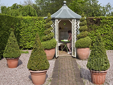 Summerhouse_twisted_and_pyramid_box_in_terracotta_pots_on_grave_brick_pathway
