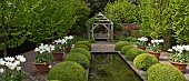 The rill garden with balls of buxus sempervirens flanked by white tulips in ornate terracotta pots