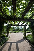 THE ENTRANCE TO THE GARDENS AT RHS GARDEN,  HYDE HALL,  IS THROUGH THIS ARCH OF CLEMATIS AND WISTERIA